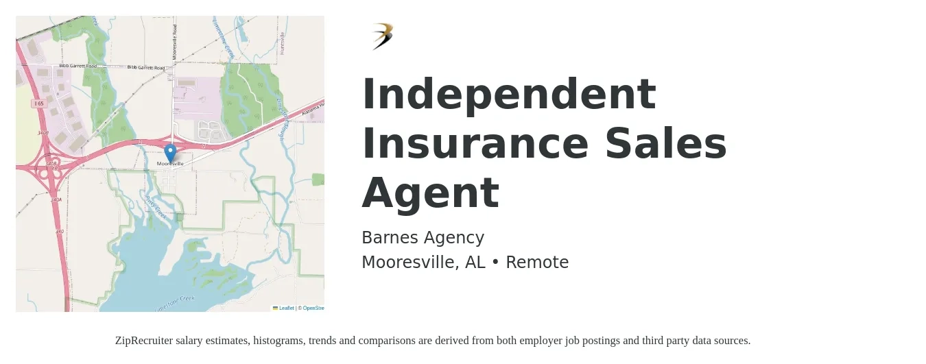 Barnes Agency job posting for a Independent Insurance Sales Agent in Mooresville, AL with a salary of $43,000 to $81,100 Yearly with a map of Mooresville location.