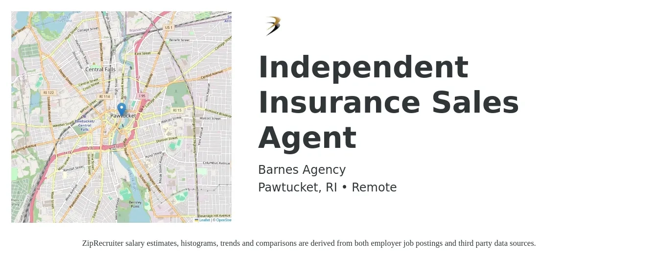 Barnes Agency job posting for a Independent Insurance Sales Agent in Pawtucket, RI with a salary of $46,400 to $87,300 Yearly with a map of Pawtucket location.