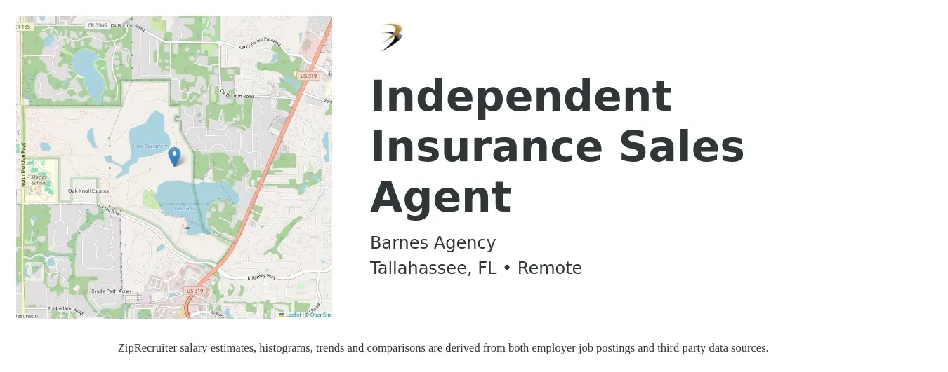 Barnes Agency job posting for a Independent Insurance Sales Agent in Tallahassee, FL with a salary of $45,100 to $85,000 Yearly with a map of Tallahassee location.