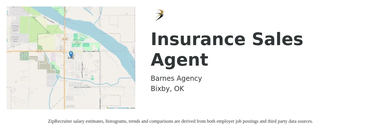 Barnes Agency job posting for a Insurance Sales Agent in Bixby, OK with a salary of $43,700 to $82,400 Yearly with a map of Bixby location.