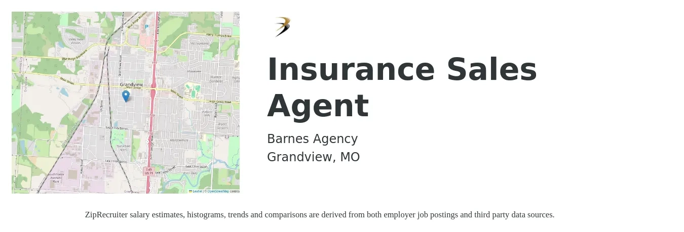 Barnes Agency job posting for a Insurance Sales Agent in Grandview, MO with a salary of $46,600 to $87,900 Yearly with a map of Grandview location.
