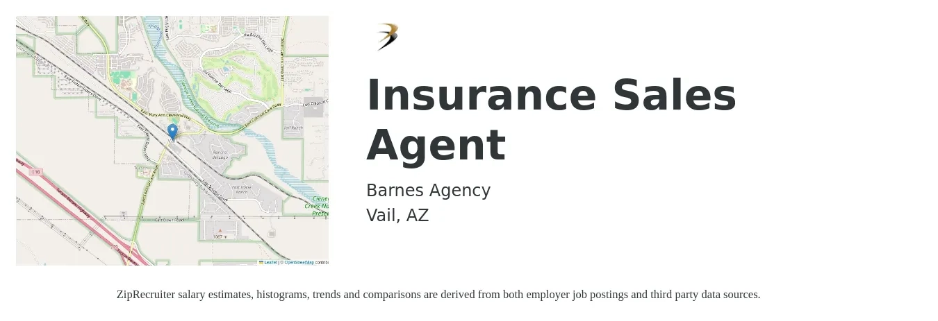 Barnes Agency job posting for a Insurance Sales Agent in Vail, AZ with a salary of $50,100 to $94,400 Yearly with a map of Vail location.