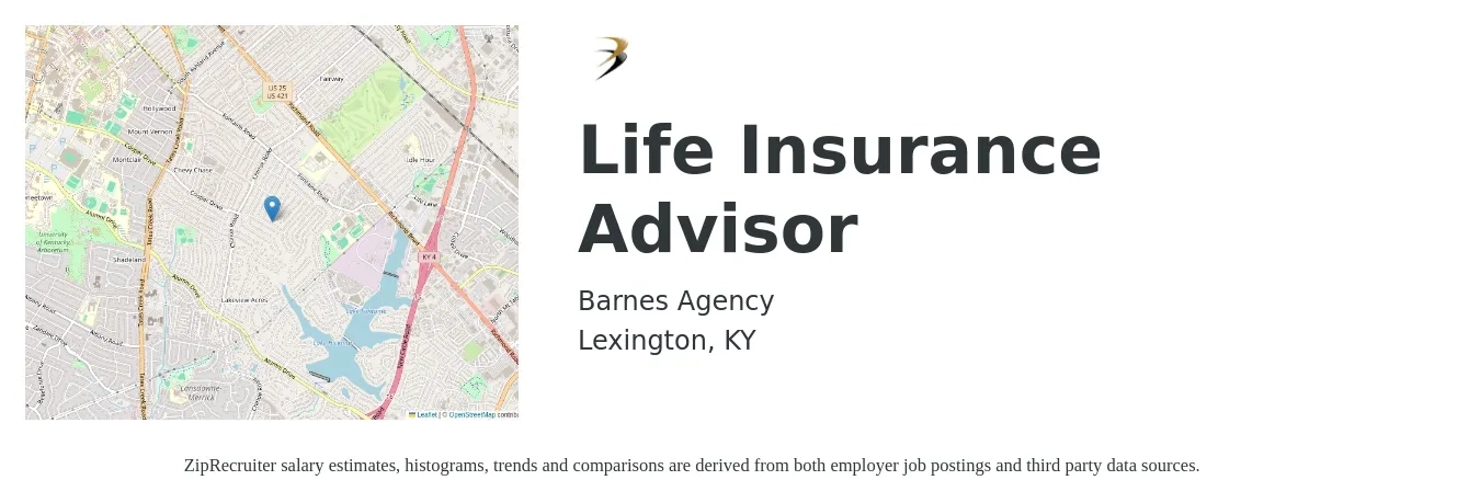 Barnes Agency job posting for a Life Insurance Advisor in Lexington, KY with a salary of $47,300 to $78,800 Yearly with a map of Lexington location.
