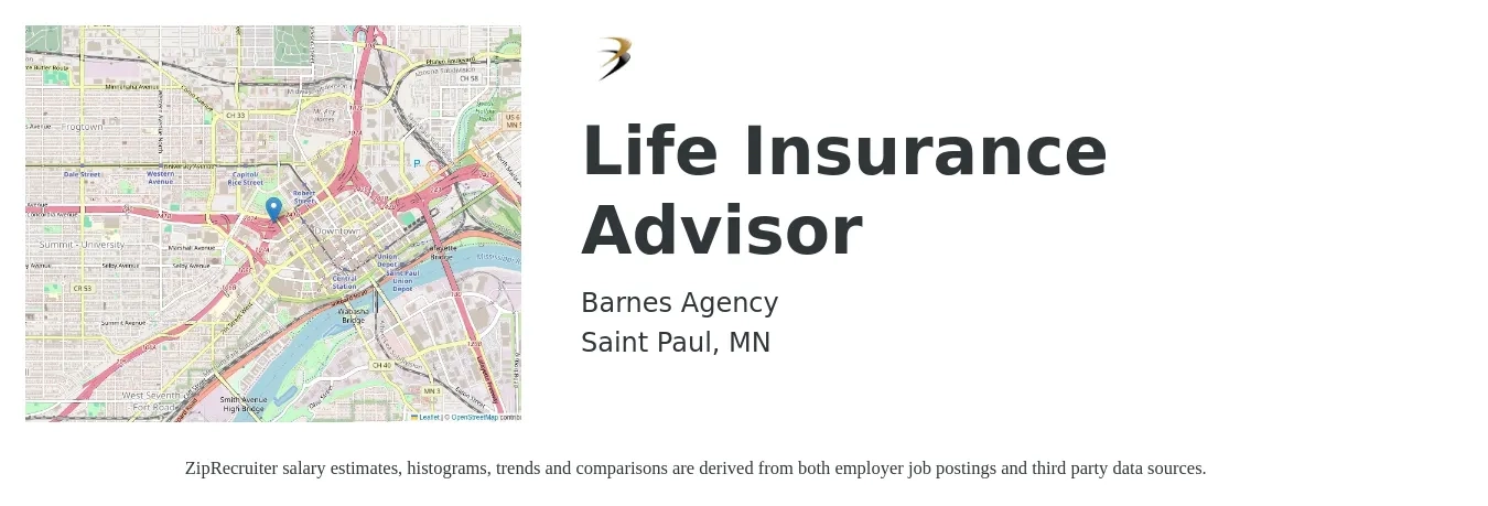 Barnes Agency job posting for a Life Insurance Advisor in Saint Paul, MN with a salary of $48,500 to $80,900 Yearly with a map of Saint Paul location.