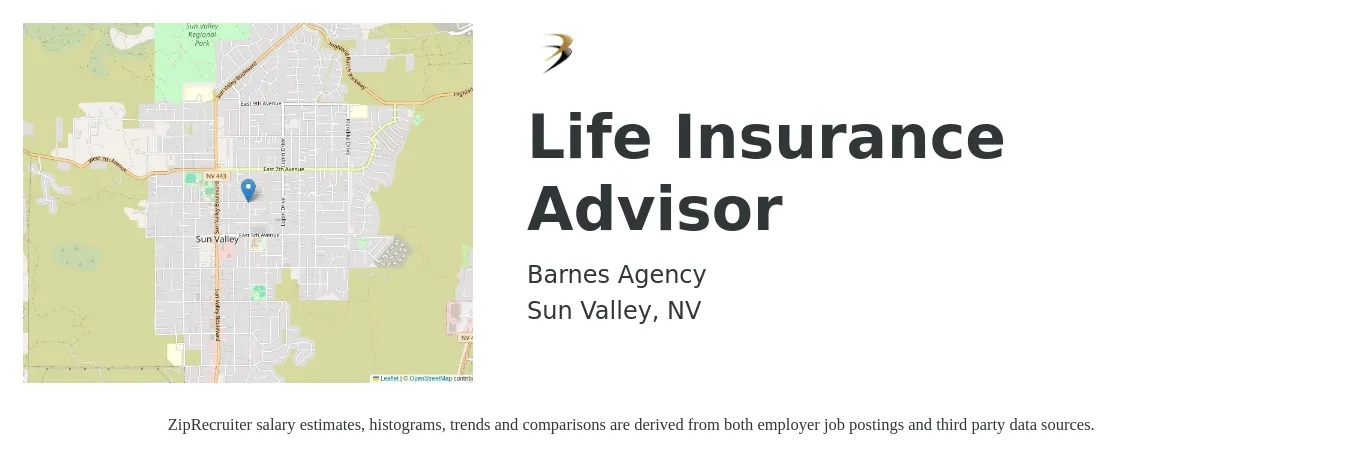 Barnes Agency job posting for a Life Insurance Advisor in Sun Valley, NV with a salary of $53,300 to $88,900 Yearly with a map of Sun Valley location.