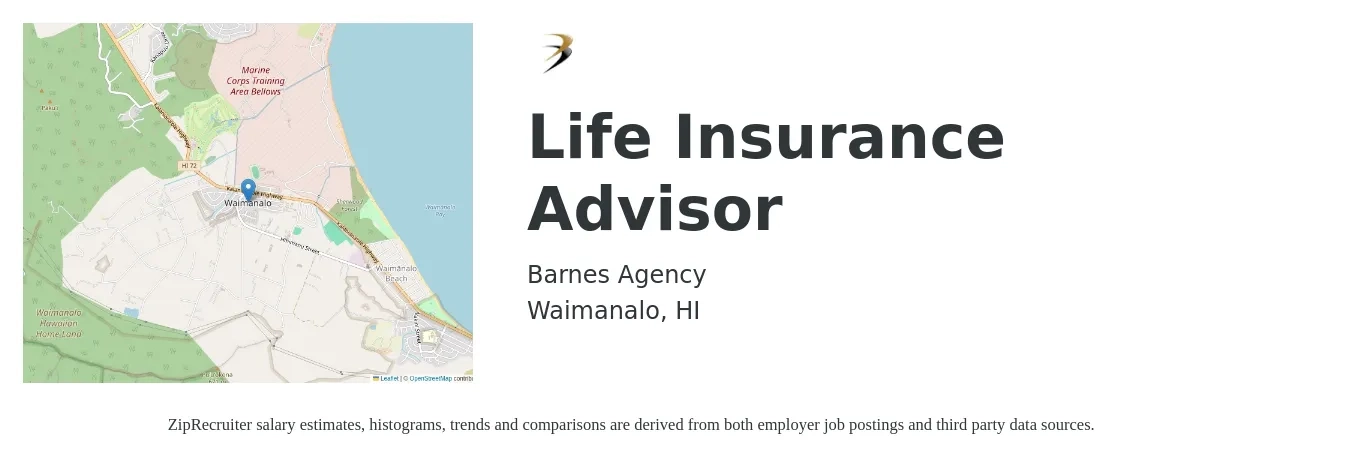 Barnes Agency job posting for a Life Insurance Advisor in Waimanalo, HI with a salary of $47,900 to $79,900 Yearly with a map of Waimanalo location.