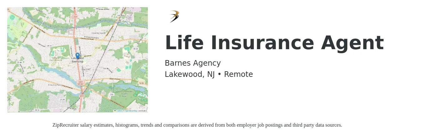 Barnes Agency job posting for a Life Insurance Agent in Lakewood, NJ with a salary of $56,700 to $120,200 Yearly with a map of Lakewood location.