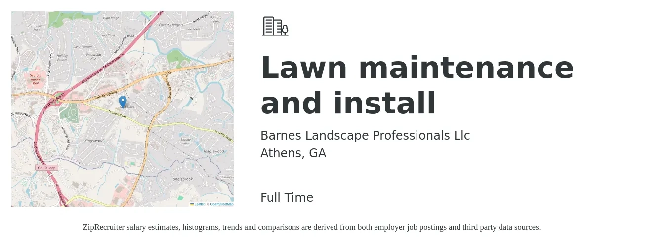 Barnes Landscape Professionals Llc job posting for a Lawn maintenance and install in Athens, GA with a salary of $17 to $21 Hourly with a map of Athens location.