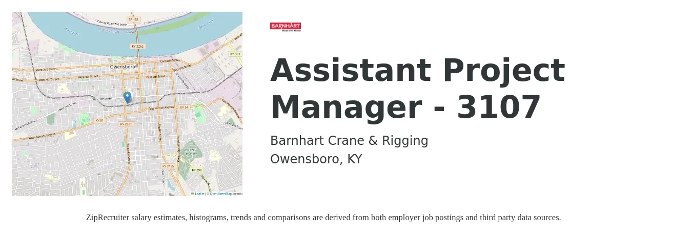 Barnhart Crane & Rigging job posting for a Assistant Project Manager - 3107 in Owensboro, KY with a salary of $52,900 to $87,100 Yearly and benefits including dental, life_insurance, medical, pto, retirement, and vision with a map of Owensboro location.