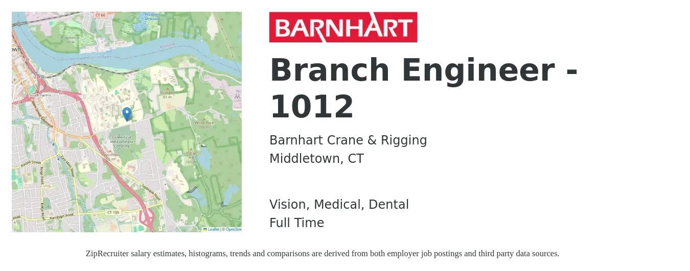 Barnhart Crane & Rigging job posting for a Branch Engineer - 1012 in Middletown, CT with a salary of $52,100 to $79,500 Yearly and benefits including vision, dental, life_insurance, medical, pto, and retirement with a map of Middletown location.