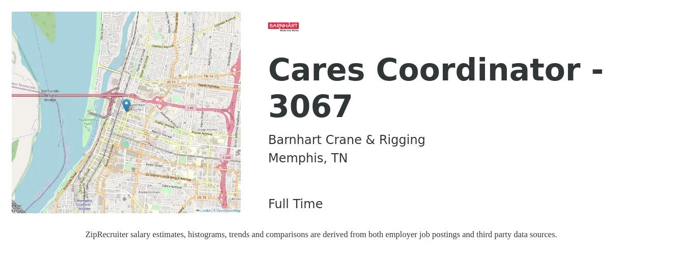 Barnhart Crane & Rigging job posting for a Cares Coordinator - 3067 in Memphis, TN with a salary of $35,700 to $56,600 Yearly with a map of Memphis location.