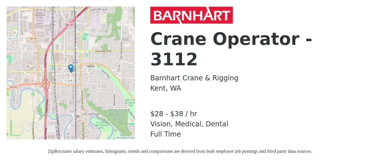 Barnhart Crane & Rigging job posting for a Crane Operator - 3112 in Kent, WA with a salary of $30 to $40 Hourly and benefits including pto, retirement, vision, dental, life_insurance, and medical with a map of Kent location.