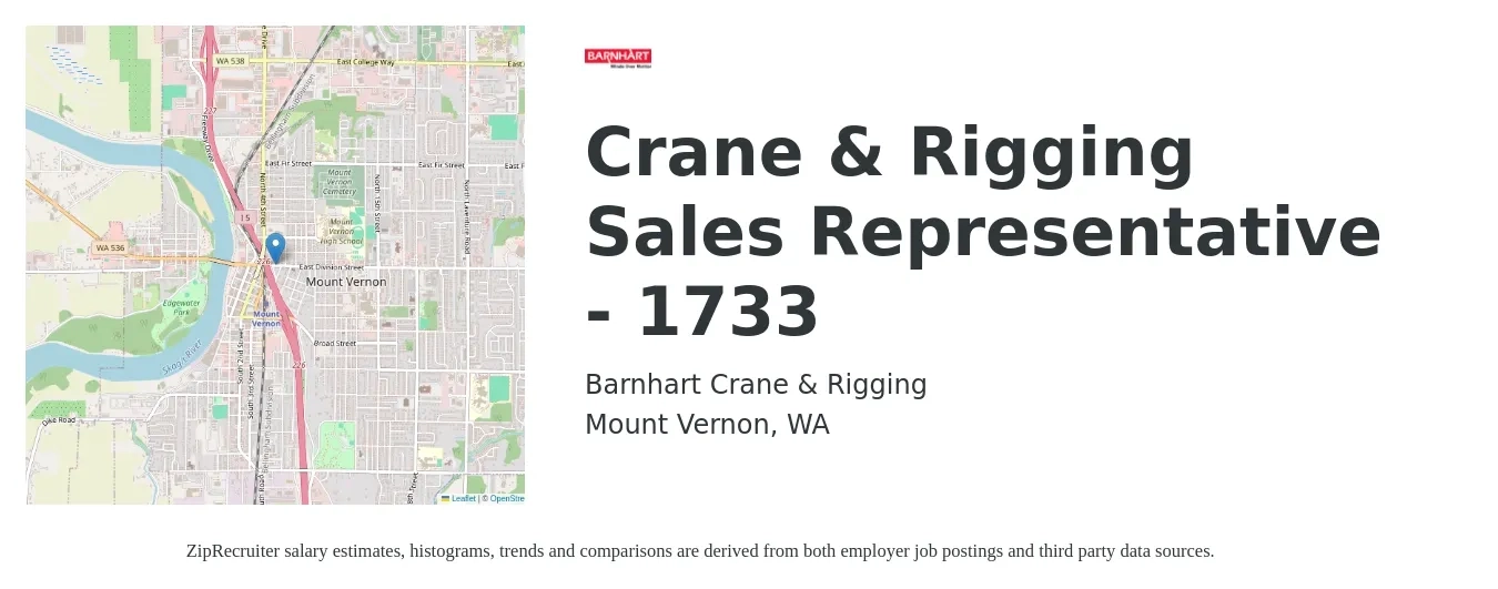Barnhart Crane & Rigging job posting for a Crane & Rigging Sales Representative - 1733 in Mount Vernon, WA with a salary of $56,500 to $98,300 Yearly with a map of Mount Vernon location.