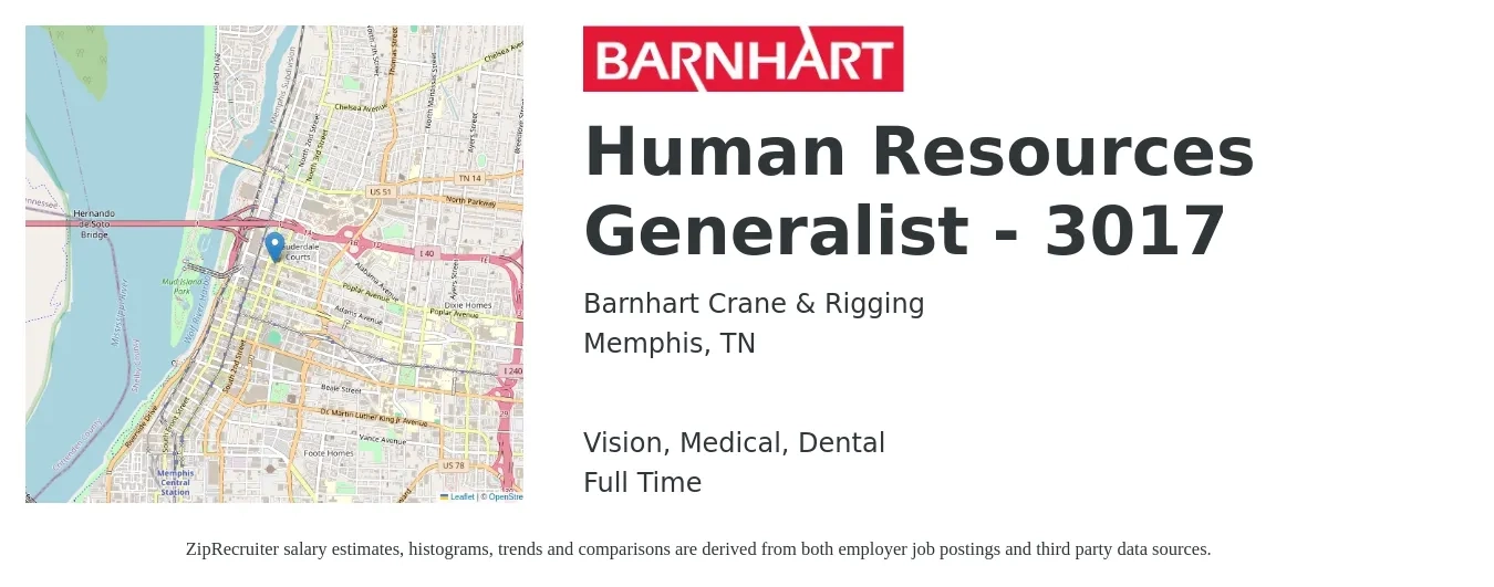 Barnhart Crane & Rigging job posting for a Human Resources Generalist - 3017 in Memphis, TN with a salary of $50,500 to $71,900 Yearly and benefits including life_insurance, medical, pto, retirement, vision, and dental with a map of Memphis location.