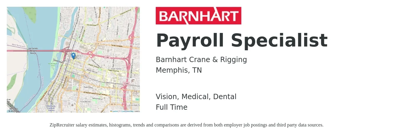 Barnhart Crane & Rigging job posting for a Payroll Specialist in Memphis, TN with a salary of $23 to $31 Hourly and benefits including vision, dental, life_insurance, medical, pto, and retirement with a map of Memphis location.