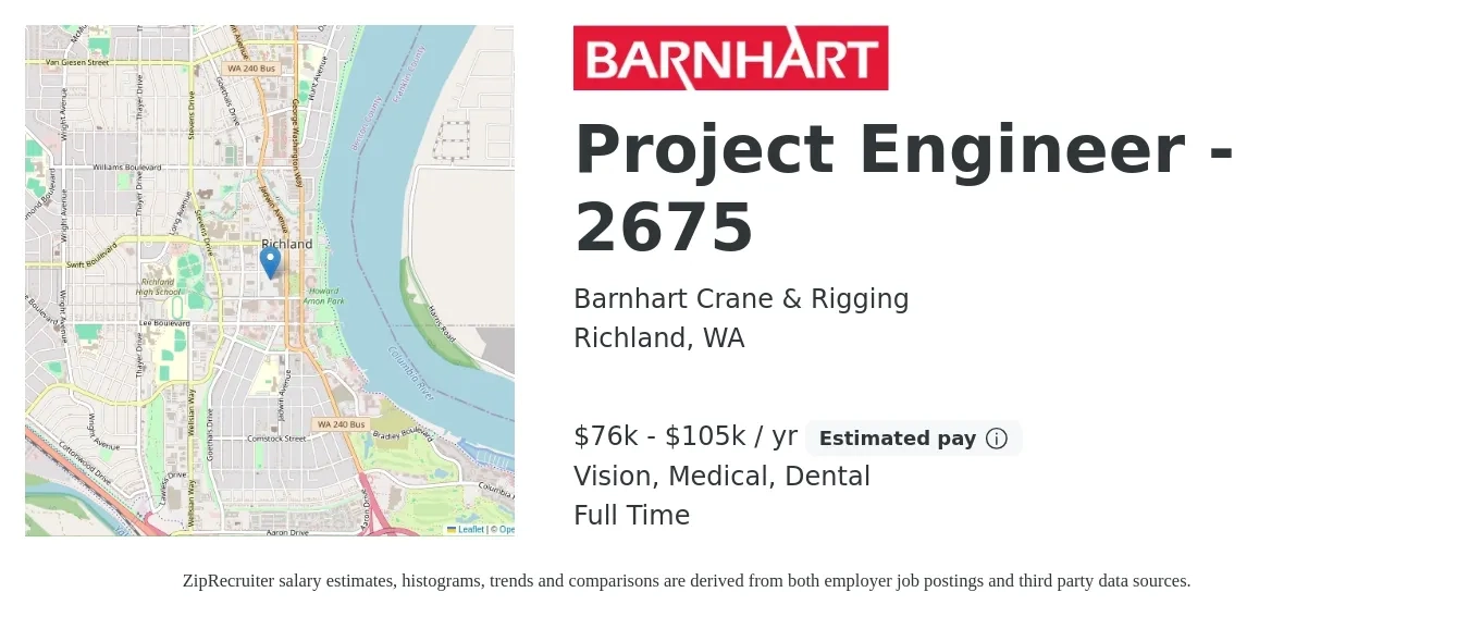 Barnhart Crane & Rigging job posting for a Project Engineer - 2675 in Richland, WA with a salary of $76,000 to $105,000 Yearly and benefits including medical, pto, retirement, vision, dental, and life_insurance with a map of Richland location.