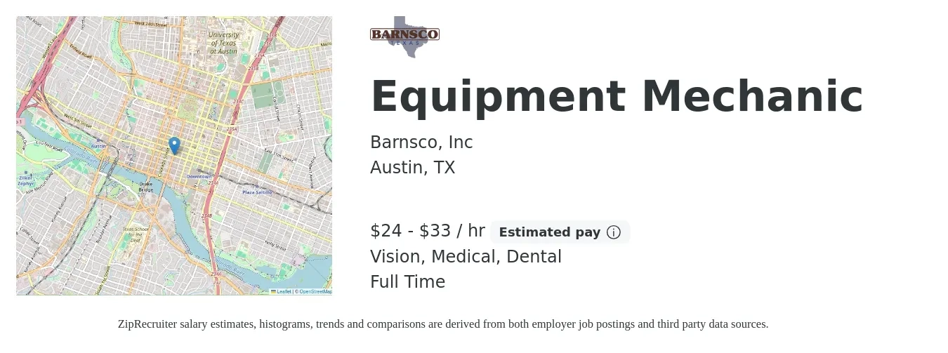Barnsco, Inc job posting for a Equipment Mechanic in Austin, TX with a salary of $25 to $35 Hourly and benefits including medical, pto, retirement, vision, dental, and life_insurance with a map of Austin location.