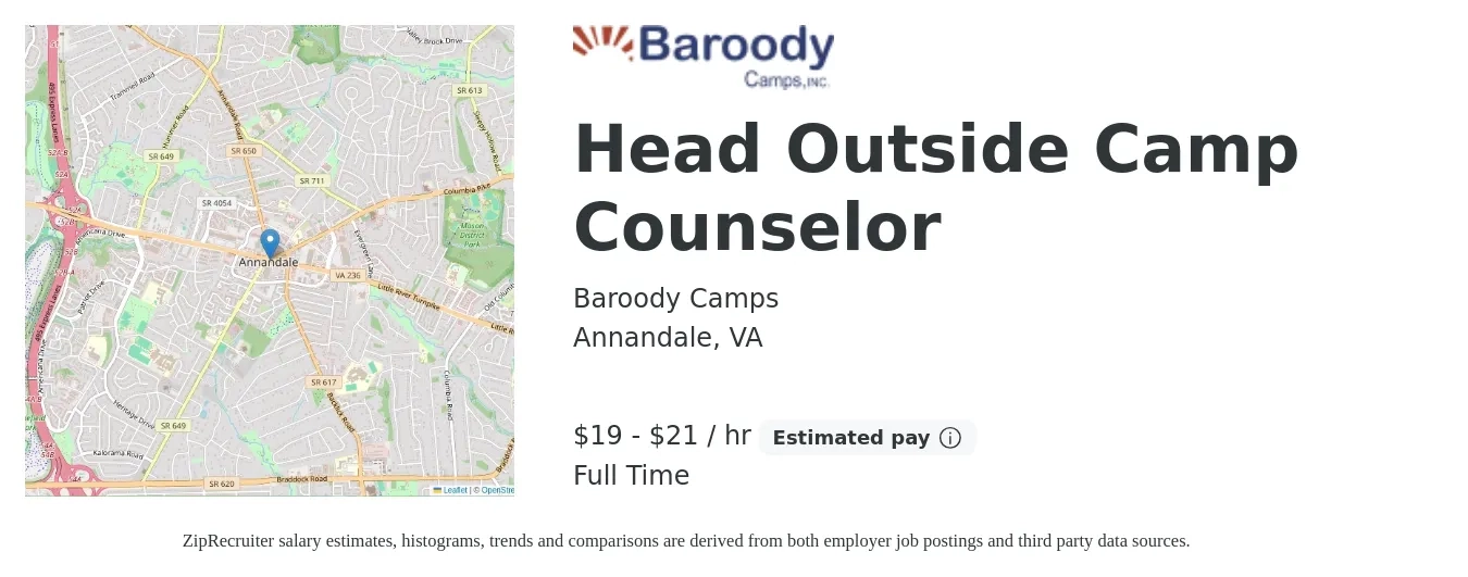Baroody Camps job posting for a Head Outside Camp Counselor in Annandale, VA with a salary of $20 to $22 Hourly with a map of Annandale location.