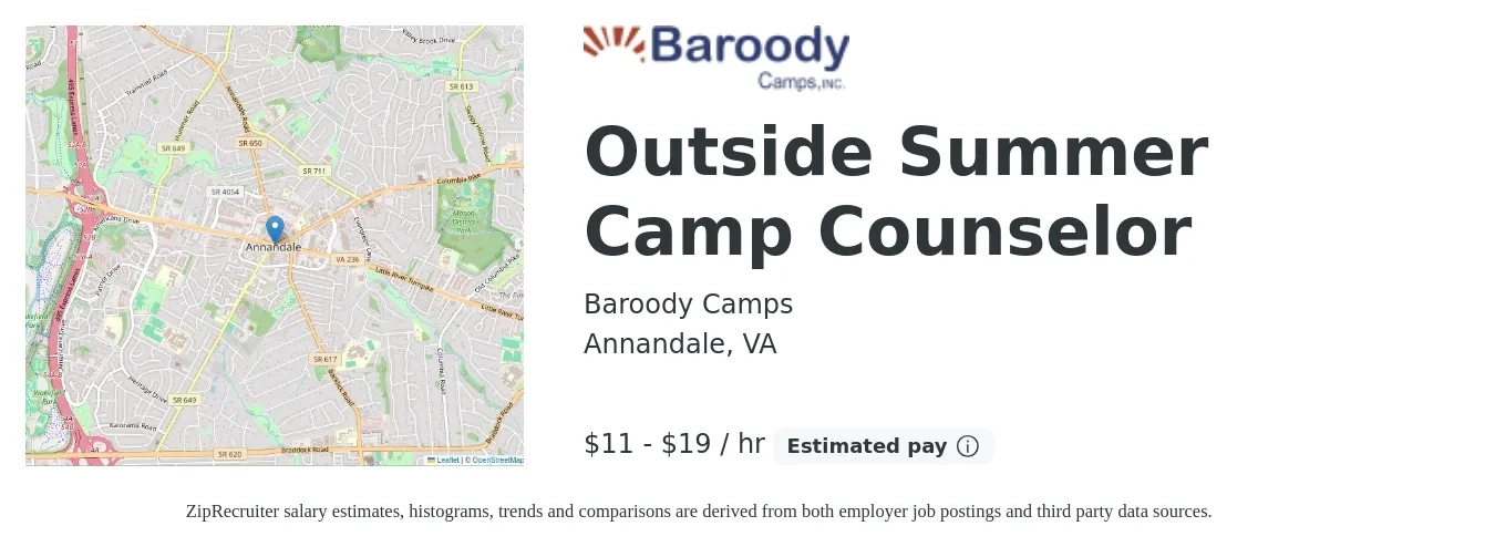 Baroody Camps job posting for a Outside Summer Camp Counselor in Annandale, VA with a salary of $12 to $20 Hourly with a map of Annandale location.