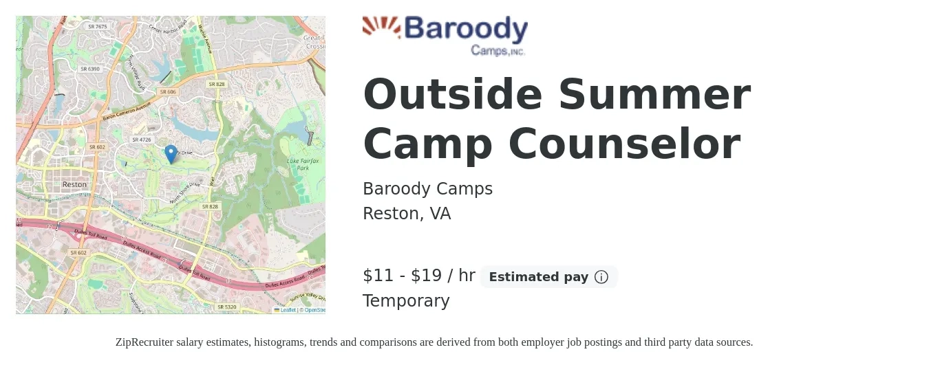 Baroody Camps job posting for a Outside Summer Camp Counselor in Reston, VA with a salary of $12 to $20 Hourly with a map of Reston location.