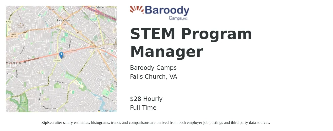 Baroody Camps job posting for a STEM Program Manager in Falls Church, VA with a salary of $20 to $25 Hourly with a map of Falls Church location.