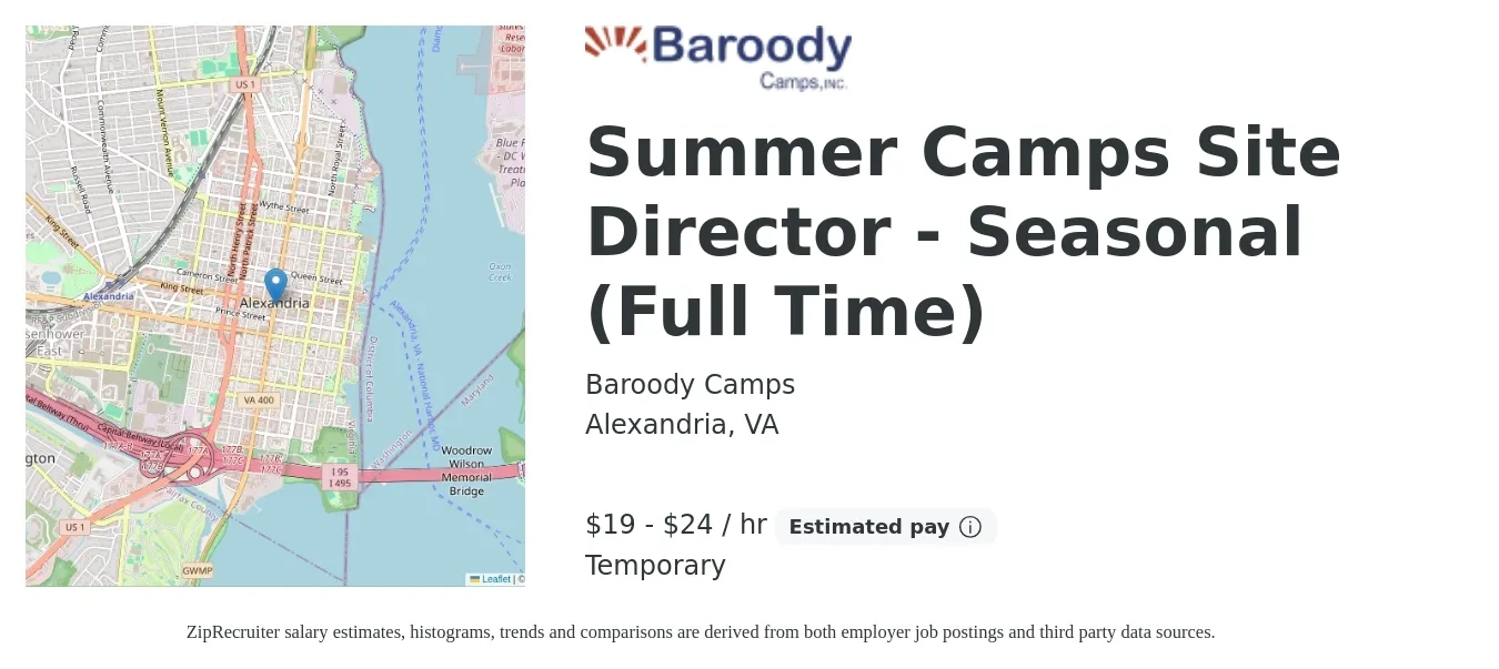 Baroody Camps job posting for a Summer Camps Site Director - Seasonal (Full Time) in Alexandria, VA with a salary of $20 to $25 Hourly with a map of Alexandria location.