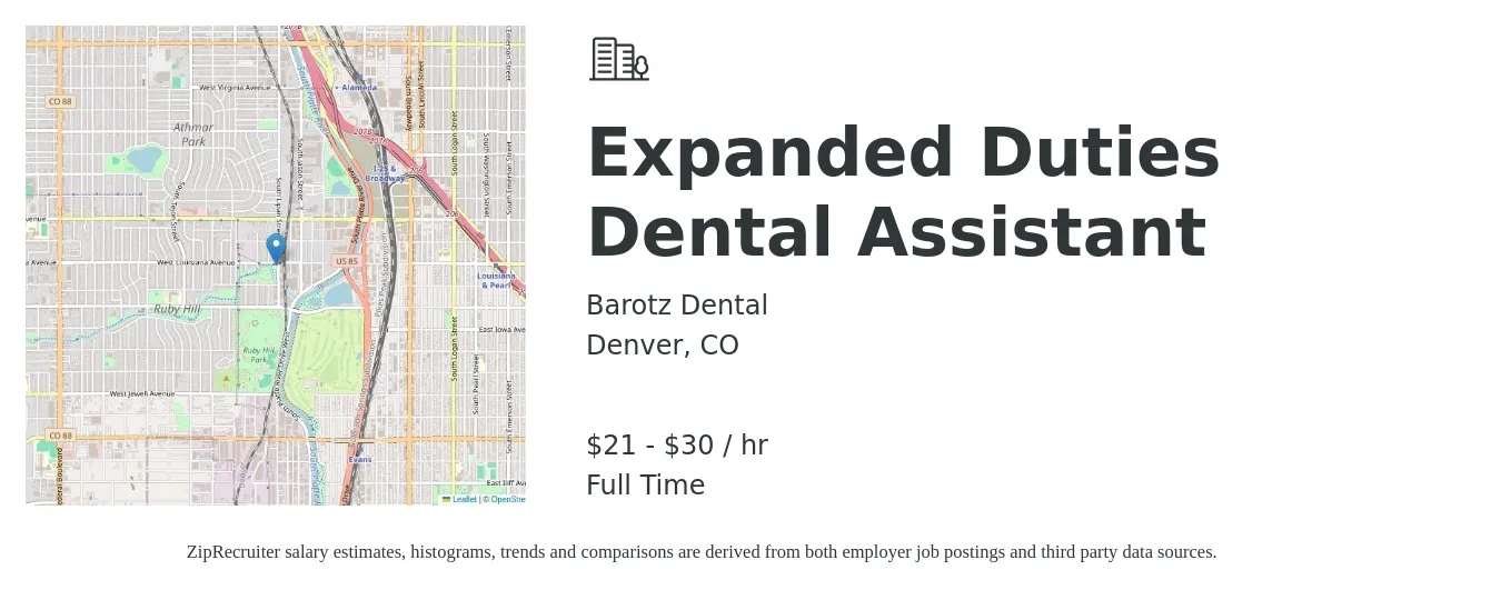 Barotz Dental job posting for a Expanded Duties Dental Assistant in Denver, CO with a salary of $22 to $32 Hourly with a map of Denver location.