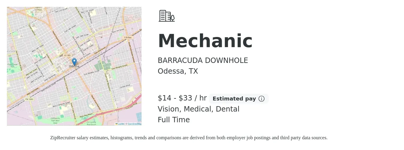 BARRACUDA DOWNHOLE job posting for a Mechanic in Odessa, TX with a salary of $15 to $35 Hourly and benefits including vision, dental, and medical with a map of Odessa location.