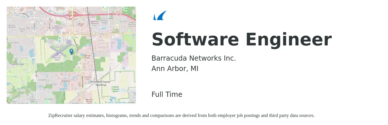 Barracuda Networks Inc. job posting for a Software Engineer in Ann Arbor, MI with a salary of $117,400 to $169,300 Yearly with a map of Ann Arbor location.
