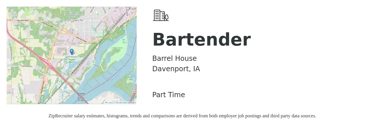 Barrel House job posting for a Bartender in Davenport, IA with a salary of $9 to $16 Hourly with a map of Davenport location.