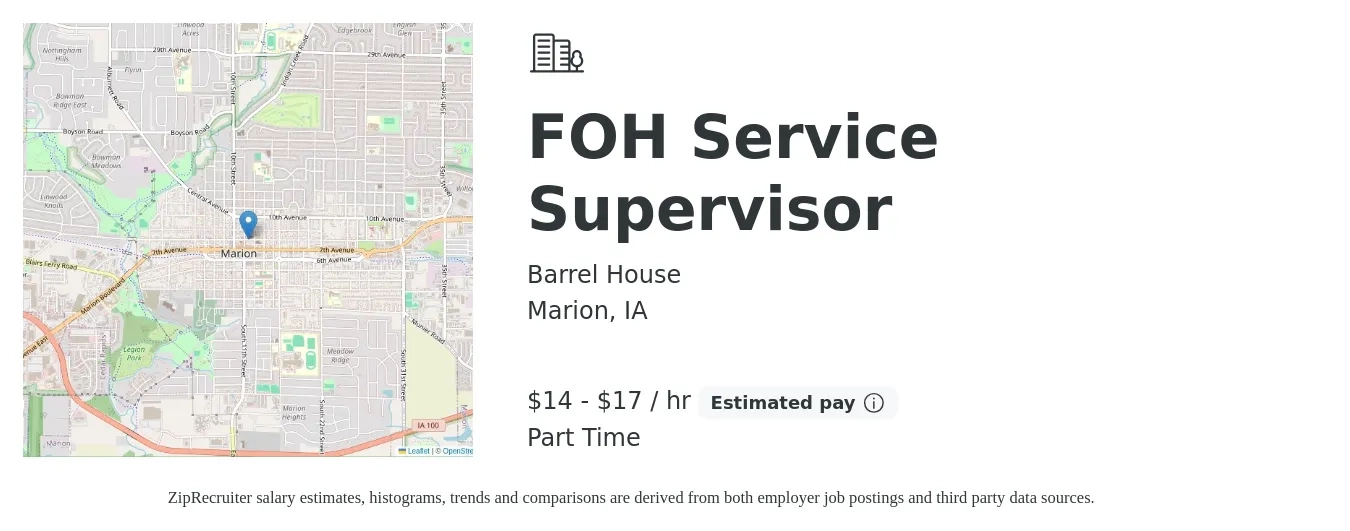 Barrel House job posting for a FOH Service Supervisor in Marion, IA with a salary of $15 to $18 Hourly with a map of Marion location.