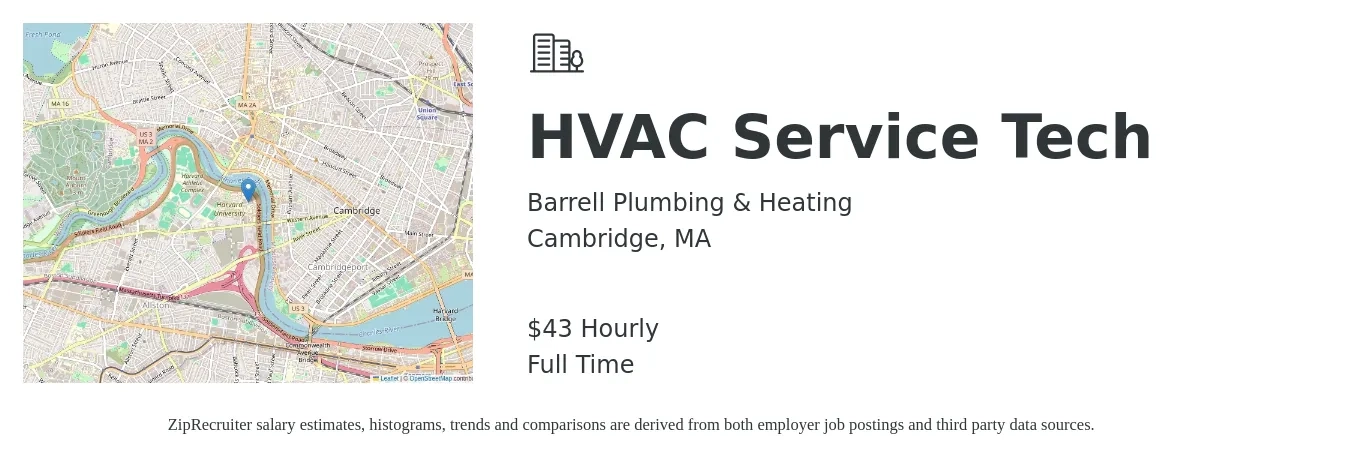 Barrell Plumbing & Heating job posting for a HVAC Service Tech in Cambridge, MA with a salary of $45 Hourly with a map of Cambridge location.