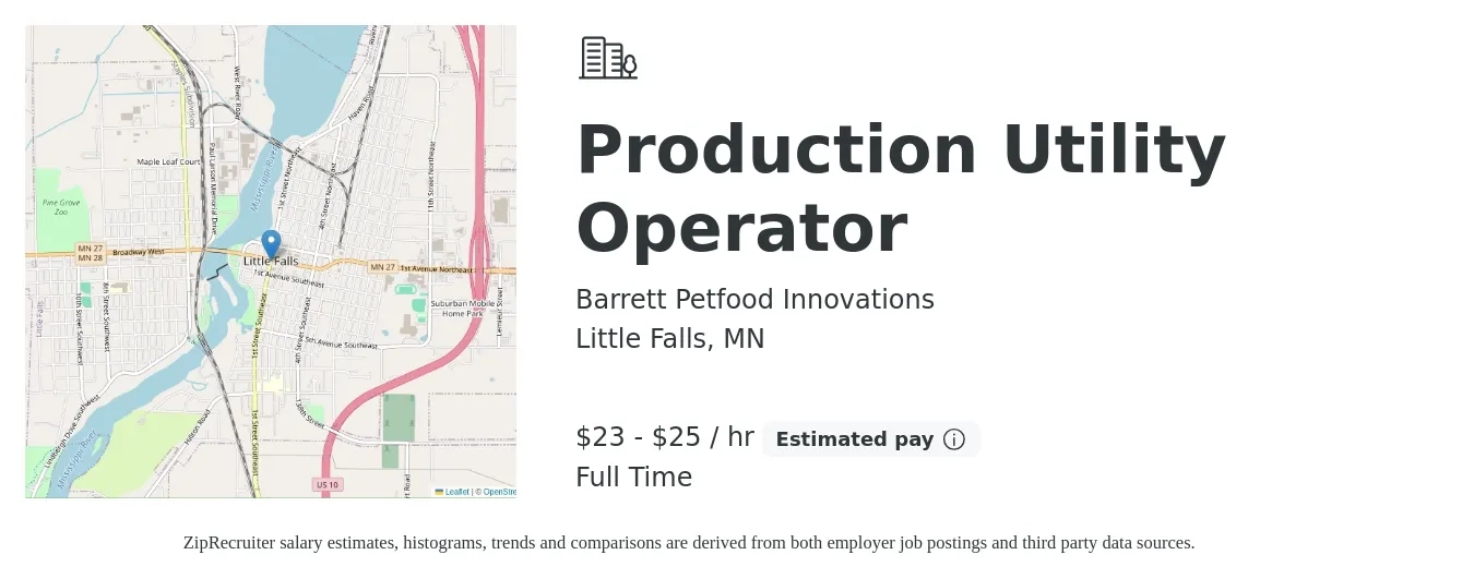 Barrett Petfood Innovations job posting for a Production Utility Operator in Little Falls, MN with a salary of $24 to $26 Hourly with a map of Little Falls location.