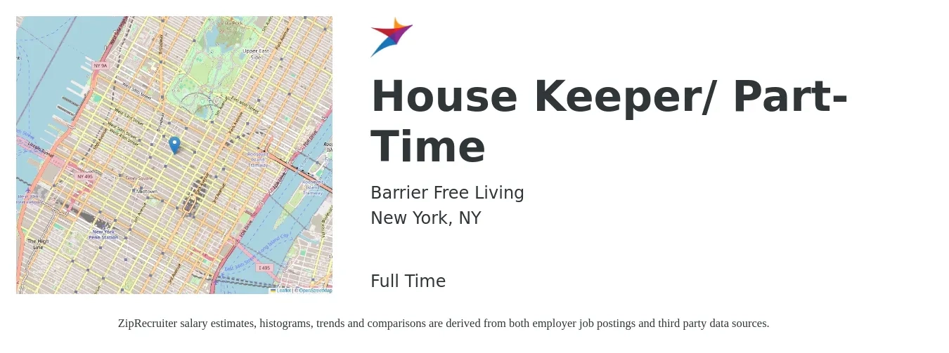 Barrier Free Living job posting for a House Keeper/ Part-Time in New York, NY with a salary of $16 to $20 Hourly with a map of New York location.