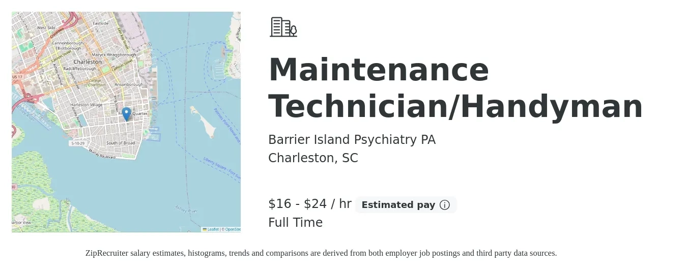 Barrier Island Psychiatry PA job posting for a Maintenance Technician/Handyman in Charleston, SC with a salary of $17 to $25 Hourly with a map of Charleston location.