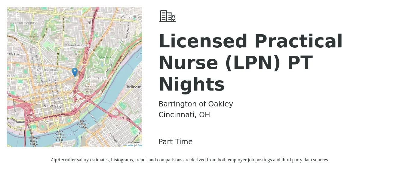 Barrington of Oakley job posting for a Licensed Practical Nurse (LPN) PT Nights in Cincinnati, OH with a salary of $25 to $34 Hourly with a map of Cincinnati location.