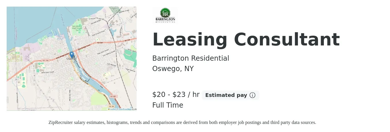 Barrington Residential job posting for a Leasing Consultant in Oswego, NY with a salary of $21 to $24 Hourly with a map of Oswego location.