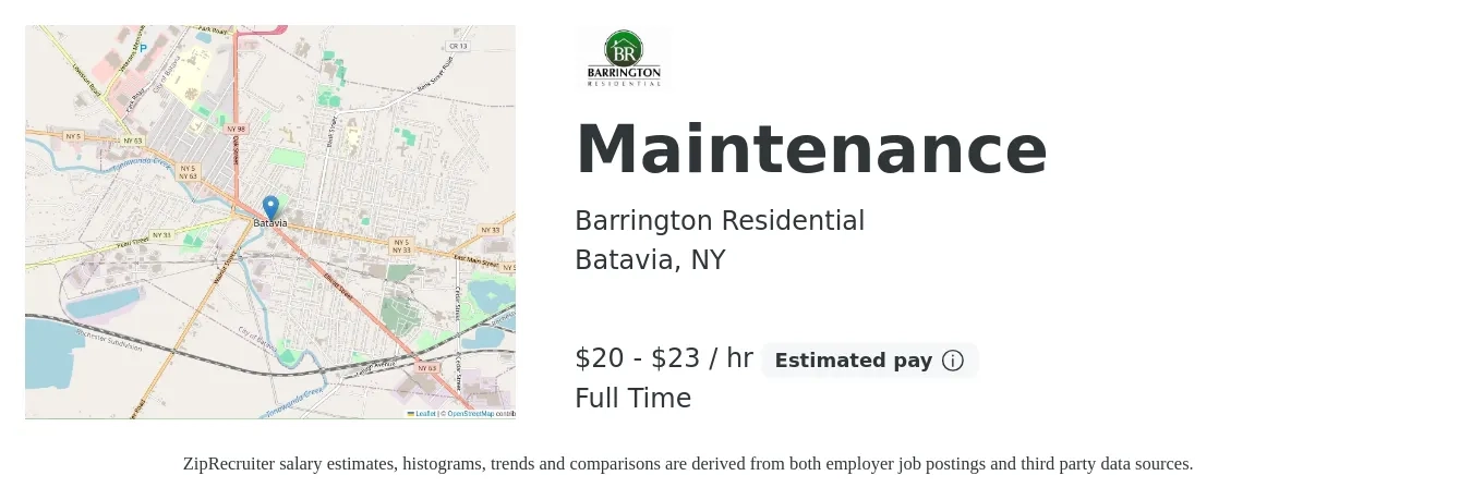 Barrington Residential job posting for a Maintenance in Batavia, NY with a salary of $21 to $24 Hourly with a map of Batavia location.