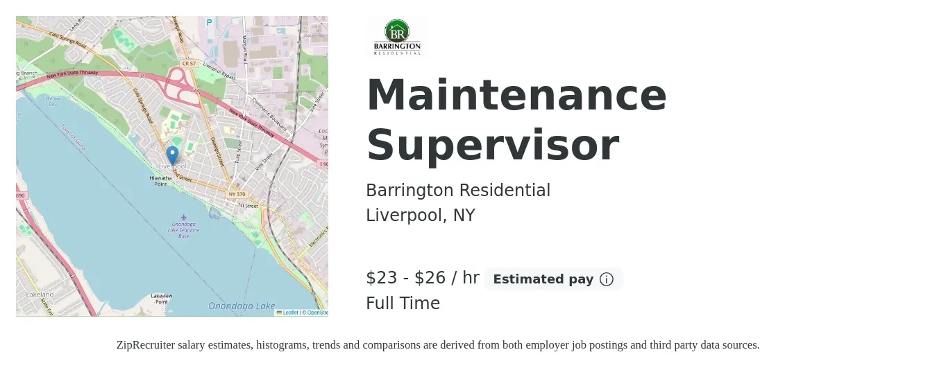 Barrington Residential job posting for a Maintenance Supervisor in Liverpool, NY with a salary of $24 to $28 Hourly with a map of Liverpool location.