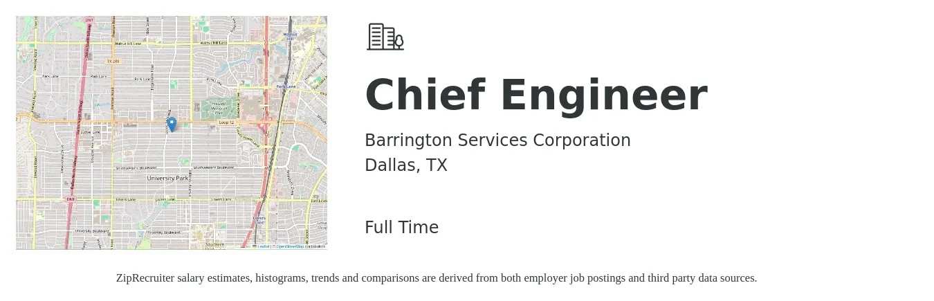 Barrington Services Corporation job posting for a Chief Engineer in Dallas, TX with a salary of $58,400 to $118,700 Yearly with a map of Dallas location.