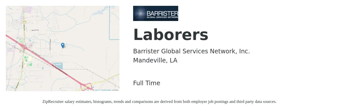 Barrister Global Services Network, Inc. job posting for a Laborers in Mandeville, LA with a salary of $15 to $18 Hourly with a map of Mandeville location.