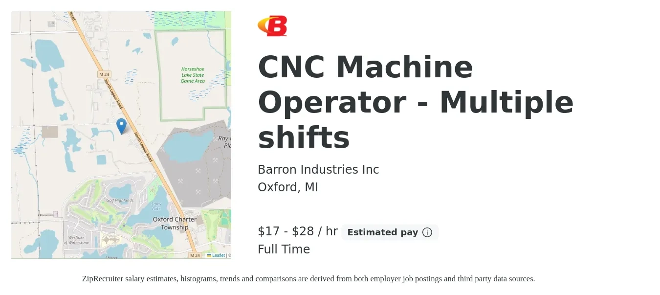 Barron Industries Inc job posting for a CNC Machine Operator - Multiple shifts in Oxford, MI with a salary of $18 to $30 Hourly with a map of Oxford location.
