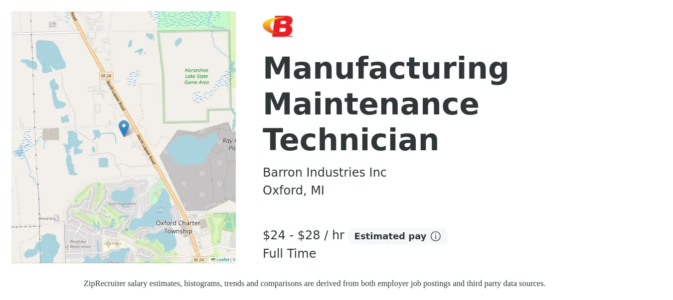 Barron Industries Inc job posting for a Manufacturing Maintenance Technician in Oxford, MI with a salary of $25 to $30 Hourly with a map of Oxford location.