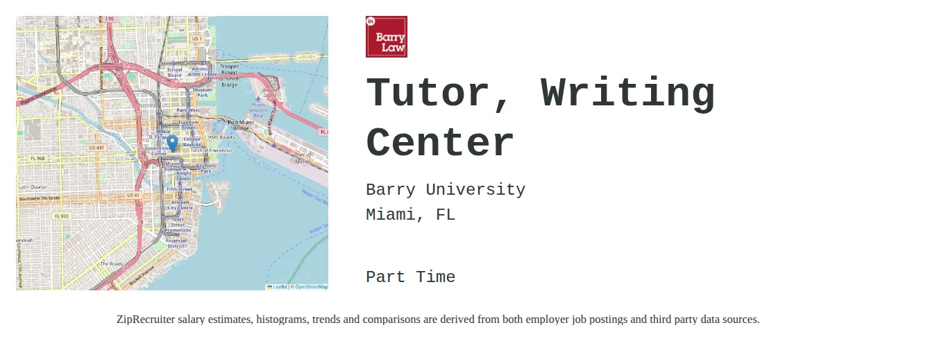 Barry University job posting for a Tutor, Writing Center in Miami Shores, FL with a salary of $14 to $29 Hourly and benefits including Medical, Vision, Dental, PTO, Life, and Retirement with a map of Miami Shores location.