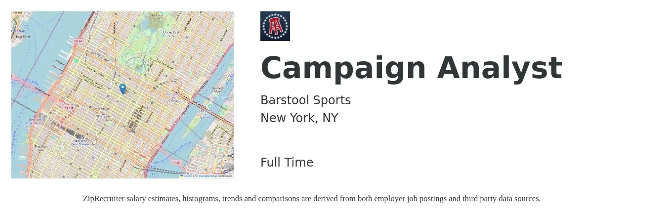 Barstool Sports job posting for a Campaign Analyst in New York, NY with a salary of $61,800 to $80,400 Yearly with a map of New York location.