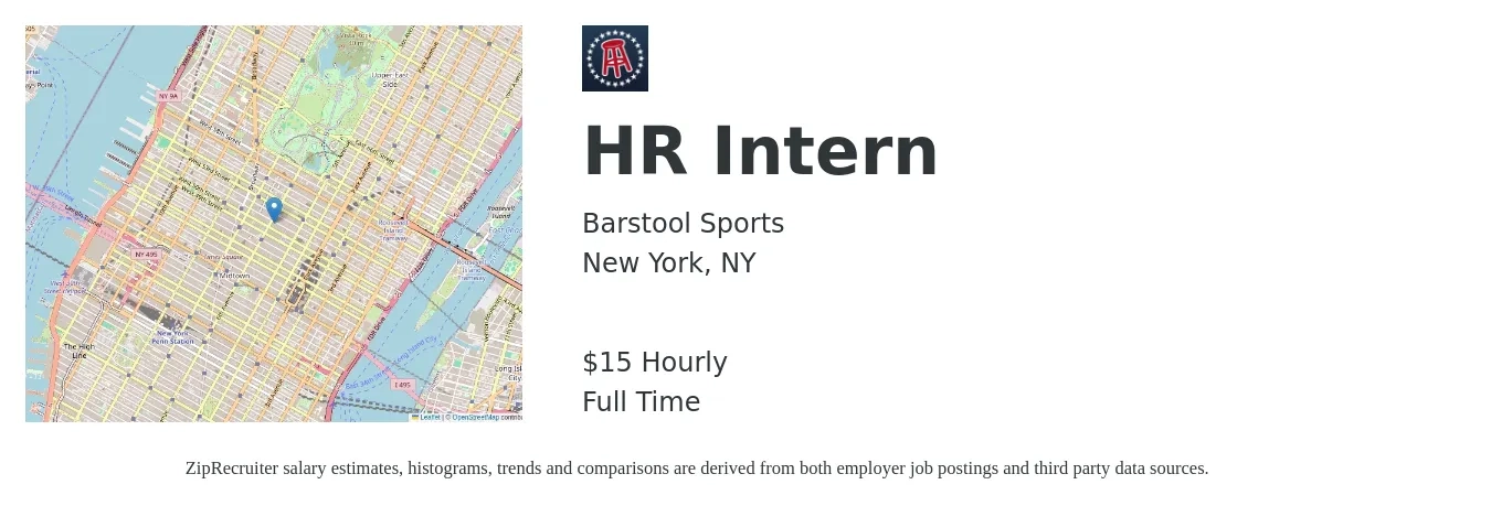 Barstool Sports job posting for a HR Intern in New York, NY with a salary of $16 Hourly with a map of New York location.