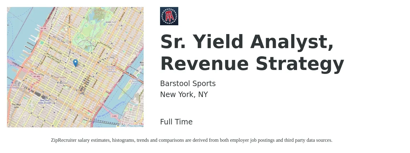 Barstool Sports job posting for a Sr. Yield Analyst, Revenue Strategy in New York, NY with a salary of $65,100 to $94,100 Yearly with a map of New York location.