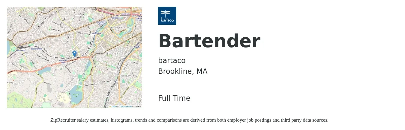 bartaco job posting for a Bartender in Brookline, MA with a salary of $11 to $20 Hourly with a map of Brookline location.