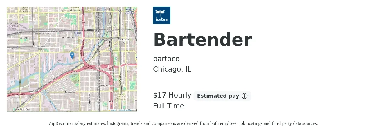 bartaco job posting for a Bartender in Chicago, IL with a salary of $18 Hourly with a map of Chicago location.