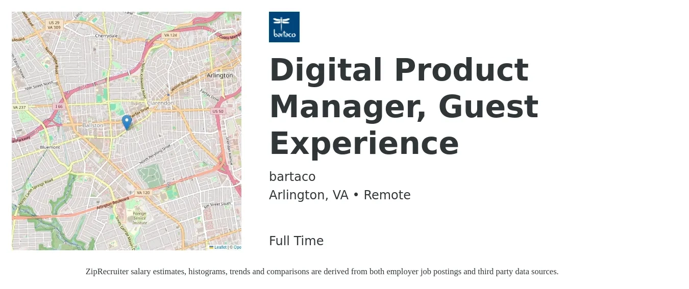 bartaco job posting for a Digital Product Manager, Guest Experience in Arlington, VA with a salary of $105,300 to $203,700 Yearly with a map of Arlington location.